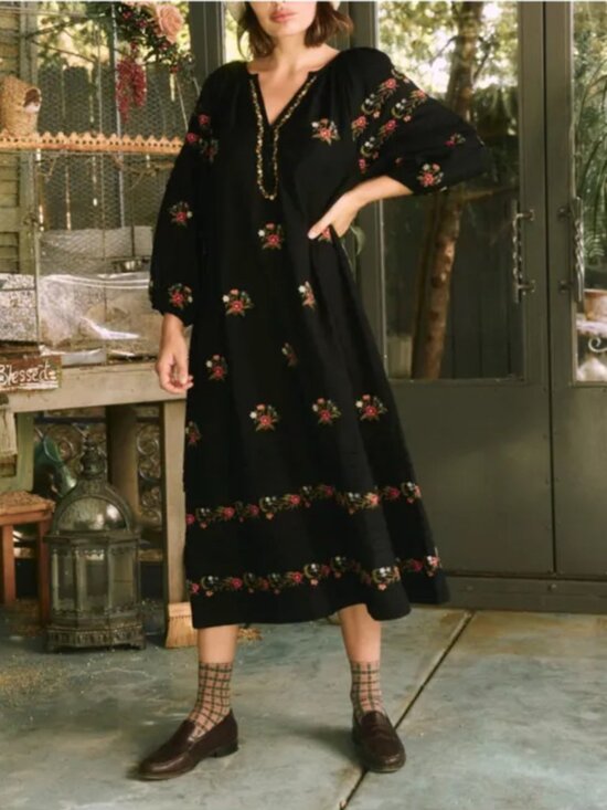 THE GREAT. Dresses & Skirts - The GREAT Prairieland Floral Embroidered Midi Dress in Black